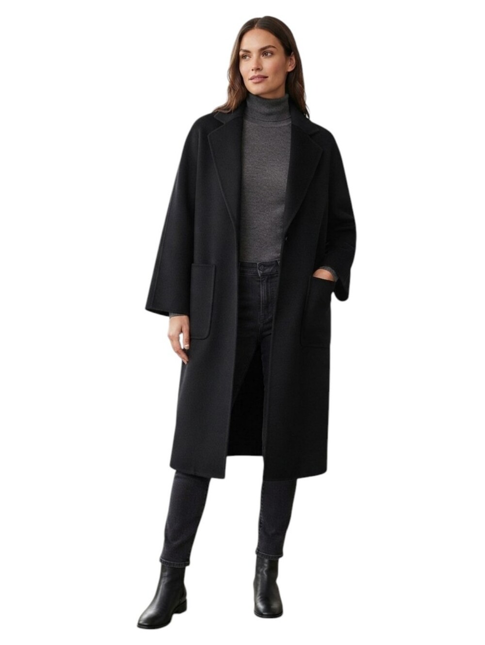 The Curated Black Wool & Cashmere Open-Front Long Coat Size M Relaxed Fit